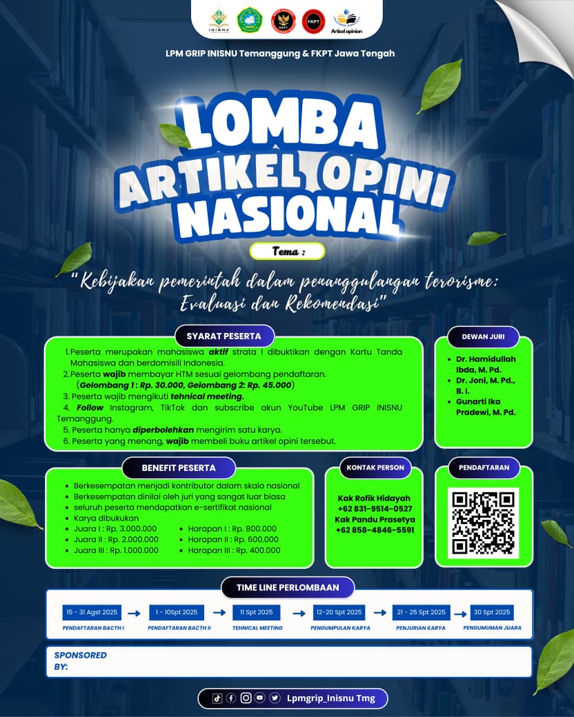 LPM GRIP INISNU Temanggung & FKPT Jawa Tengah Gelar Lomba Artikel Opini Nasional Bertema Penanggulangan Terorisme